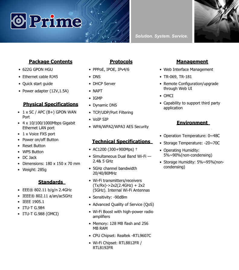 ONT Prime-622GS1N4N – GPON HGU AC1200 WiFi 5 con voz FXS y 4 puertos LAN