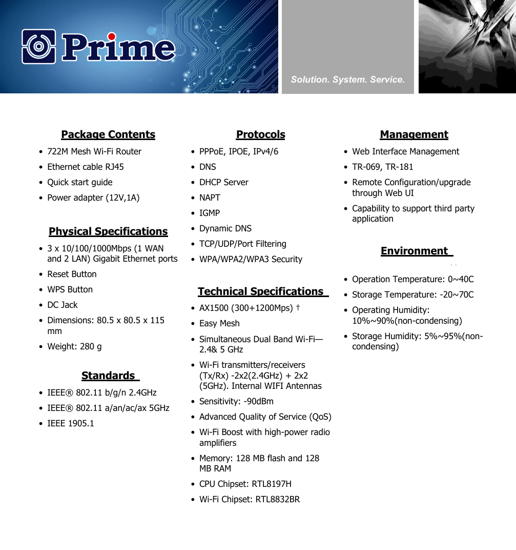 Router Prime-722M – AX1500 WiFi 6 Mesh con puertos Gigabit y control inteligente de banda