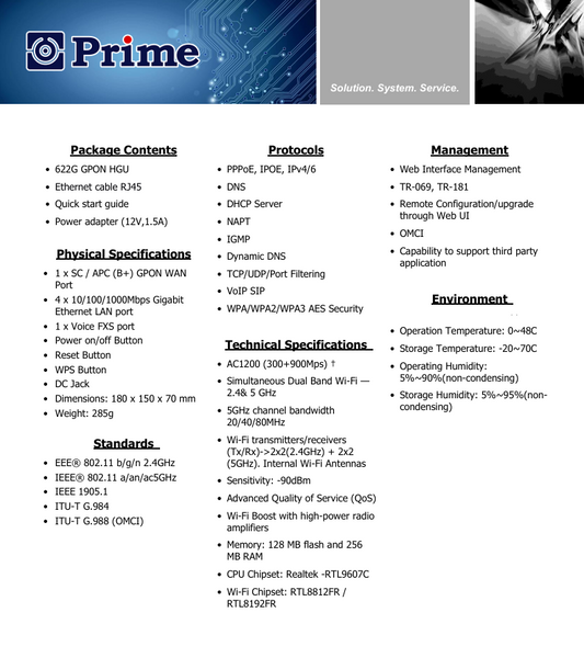 ONT Prime-622GS1N4N – GPON HGU AC1200 WiFi 5 con voz FXS y 4 puertos LAN