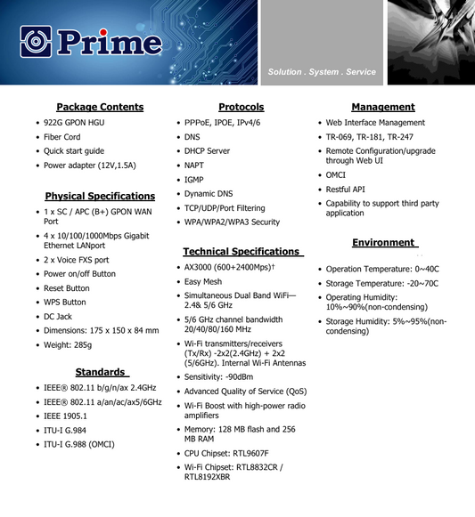 ONT Prime-922G – GPON HGU AX3000 WiFi 6E con 2 puertos FXS y EasyMesh