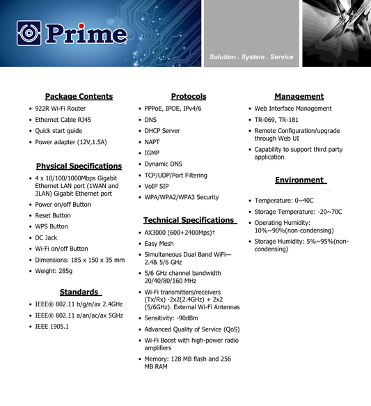 Router Prime-922R – AX3000 WiFi 6 con EasyMesh y 4 puertos Gigabit