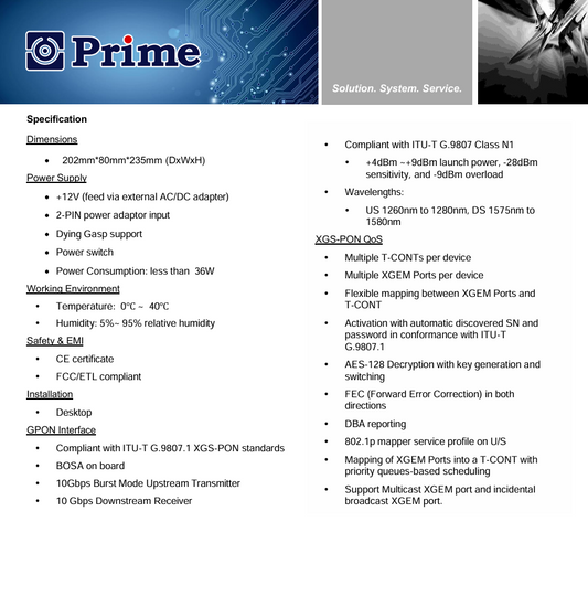 ONT Prime-XG99W – XGS-PON HGU WiFi 7 tribanda con 10G LAN, VoIP y funciones avanzadas de red